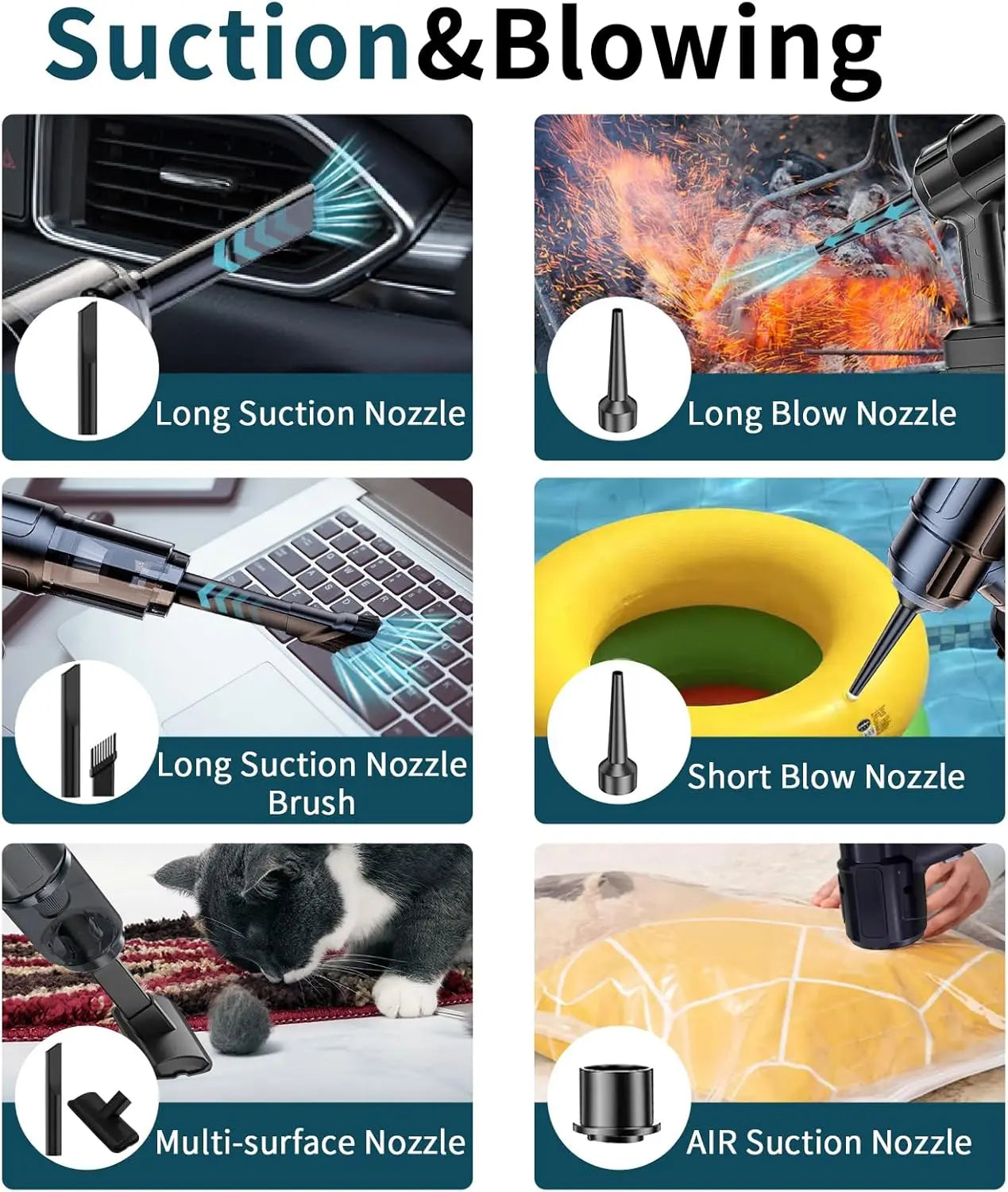 Aspirator Auto 4 în 1 Wireless – Putere Mare + Suflantă | 6 Accesorii CADOU + 2 Acumulatoare